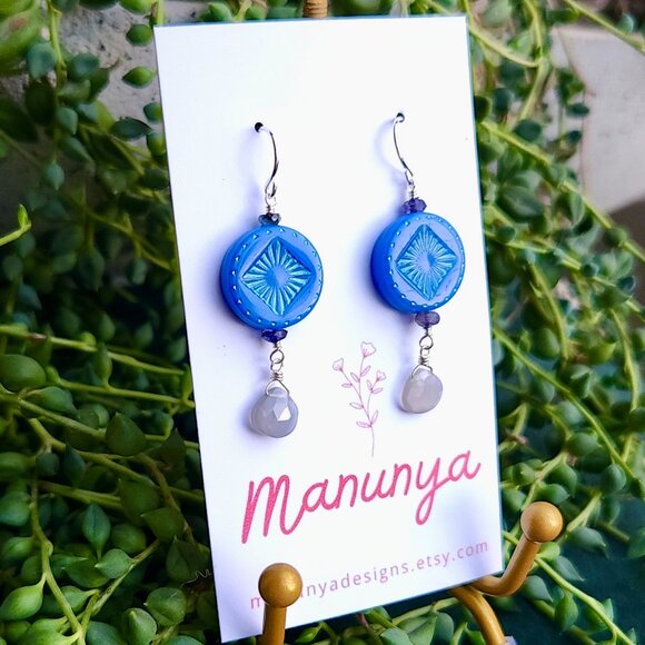 Boho Semi-Precious Stone Dangle Earrings - White, Blue, Purple - Picture 5 of 10